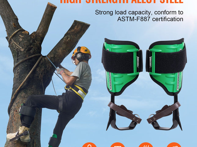 Alloy Steel Tree Climbing Spikes with Straps & Spike Protectors ‚Äì 1 Pair, 350lbs Capacity, Green
