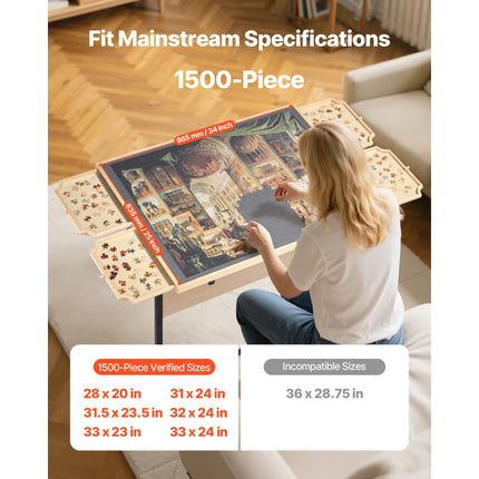 1500 Piece Puzzle Table with Legs, 4 Drawers and Cover, 86x63cm Portable Wooden Board with Wheels, Jigsaw Puzzle Accessories for Adults, Adjustable Height & 5-Tilting-Angle, Gift for Mom