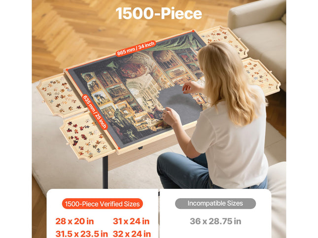 1500-Piece Puzzle Table with 4 Drawers, Cover & Wheels ‚Äì 86 x 63cm, Adjustable Height & Tilt