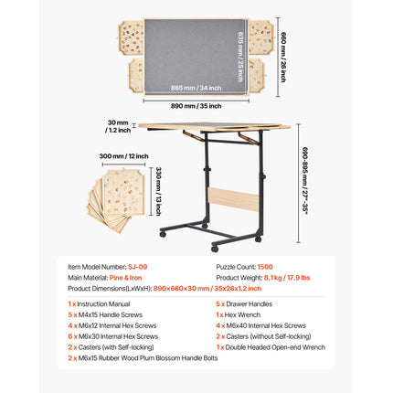 1500 Piece Puzzle Table with Legs, 4 Drawers and Cover, 86x63cm Portable Wooden Board with Wheels, Jigsaw Puzzle Accessories for Adults, Adjustable Height & 5-Tilting-Angle, Gift for Mom