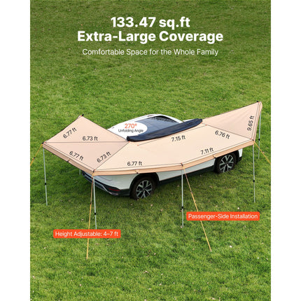 270 Degree Awning, 12.4 ㎡ Driver Side Vehicle Awning, Waterproof UV50+ Car Side Awnings with Carry Bag, All-Weather Free-Standing Overland Awnings Car Shelter for SUV Van Truck Camping