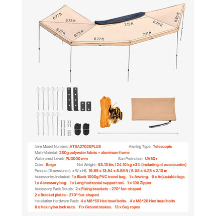 270 Degree Awning, 12.4 ㎡ Driver Side Vehicle Awning, Waterproof UV50+ Car Side Awnings with Carry Bag, All-Weather Free-Standing Overland Awnings Car Shelter for SUV Van Truck Camping