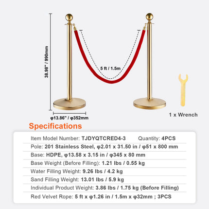 Stanchion Post with Velvet Rope, 4-Pack Crowd Control Stanchion with 3PCS 5FT Red Velvet Ropes, Stainless Steel Queue Barrier Line Divider with Fillable Base & Ball Top for Wedding Museum Party