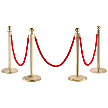 Stanchion Post with Velvet Rope, 4-Pack Crowd Control Stanchion with 3PCS 5FT Red Velvet Ropes, Stainless Steel Queue Barrier Line Divider with Fillable Base & Ball Top for Wedding Museum Party