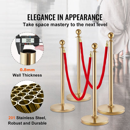 Stanchion Post with Velvet Rope, 6-Pack Crowd Control Stanchion with 4PCS 5FT Red Velvet Ropes, Stainless Steel Queue Barrier Line Divider with Fillable Base & Ball Top for Wedding Museum Party