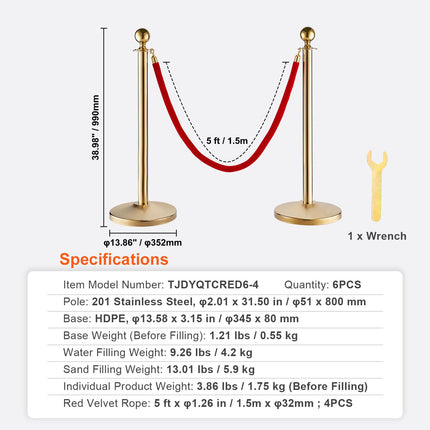 Stanchion Post with Velvet Rope, 6-Pack Crowd Control Stanchion with 4PCS 5FT Red Velvet Ropes, Stainless Steel Queue Barrier Line Divider with Fillable Base & Ball Top for Wedding Museum Party