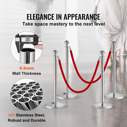 Stanchion Post with Velvet Rope, 4-Pack Crowd Control Stanchion with 2PCS 5FT Red Velvet Ropes, Stainless Steel Queue Barrier Line Divider with Fillable Plastic Base, Ball Top for Wedding Museum