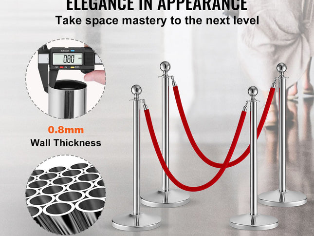 Stainless Steel Crowd Control Stanchions, 4-Pack ‚Äì 2 Red 5ft Velvet Ropes, Fillable Base
