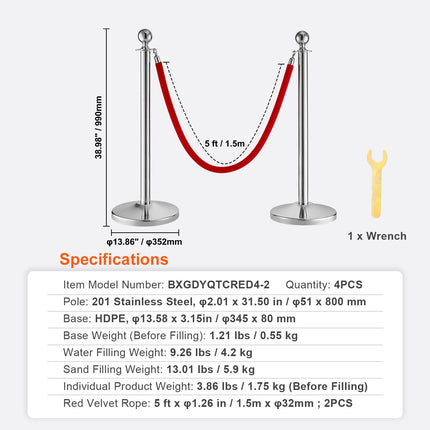 Stanchion Post with Velvet Rope, 4-Pack Crowd Control Stanchion with 2PCS 5FT Red Velvet Ropes, Stainless Steel Queue Barrier Line Divider with Fillable Plastic Base, Ball Top for Wedding Museum