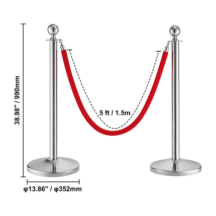 Stanchion Post with Velvet Rope, 4-Pack Crowd Control Stanchion with 2PCS 5FT Red Velvet Ropes, Stainless Steel Queue Barrier Line Divider with Fillable Plastic Base, Ball Top for Wedding Museum