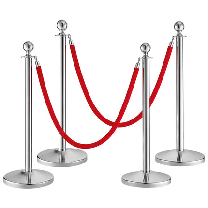 Stanchion Post with Velvet Rope, 4-Pack Crowd Control Stanchion with 2PCS 5FT Red Velvet Ropes, Stainless Steel Queue Barrier Line Divider with Fillable Plastic Base, Ball Top for Wedding Museum