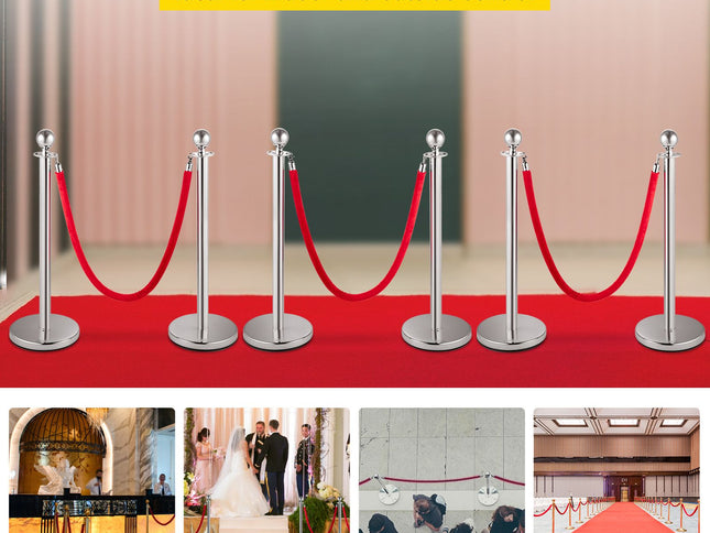 6PCS Red Rope Stanchion Silver Post Crowd Control Queue Line Barrier