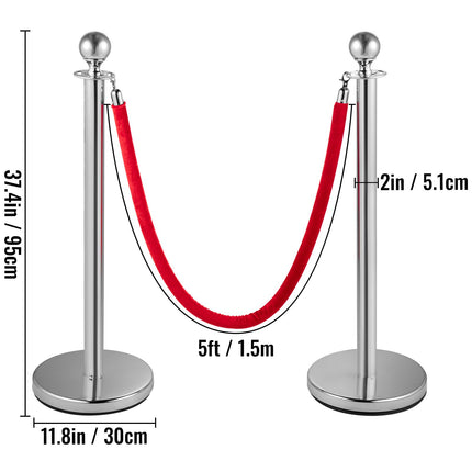 6PCS Red Rope Stanchion Silver Post Crowd Control Queue Line Barrier