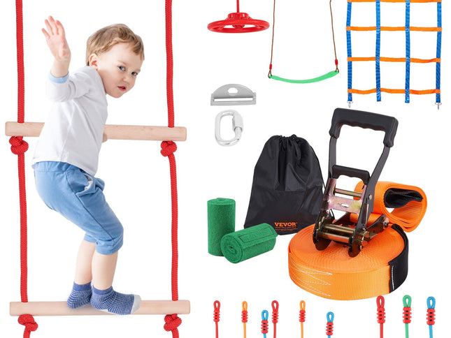 VEVOR Ninja Warrior Obstacle Course for Kids, 15.24 m Weatherproof Slacklines, 500lbs Weight Capacity Monkey Line, Outdoor Playset Equipment, Backyard Toys Training Equipment Set with 10 Obstacles