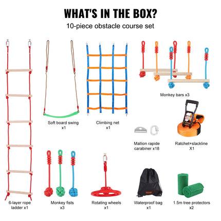 VEVOR Ninja Warrior Obstacle Course for Kids, 15.24 m Weatherproof Slacklines, 500lbs Weight Capacity Monkey Line, Outdoor Playset Equipment, Backyard Toys Training Equipment Set with 10 Obstacles