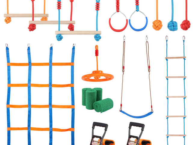 Kids Ninja Warrior Obstacle Course ‚Äì 12 Obstacles, 2 x 17m Slacklines, 227kg Capacity