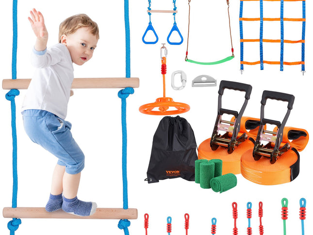 VEVOR Ninja Warrior Obstacle Course for Kids, 2 x 19.8m Weatherproof Slacklines, 500lbs Weight Capacity Monkey Line, Outdoor Playset Equipment, Backyard Toys Training Equipment Set with 12 Obstacles
