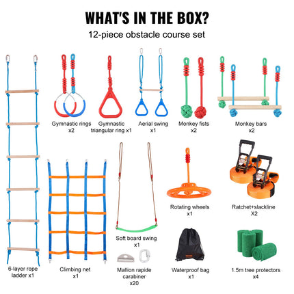 VEVOR Ninja Warrior Obstacle Course for Kids, 2 x 19.8m Weatherproof Slacklines, 500lbs Weight Capacity Monkey Line, Outdoor Playset Equipment, Backyard Toys Training Equipment Set with 12 Obstacles