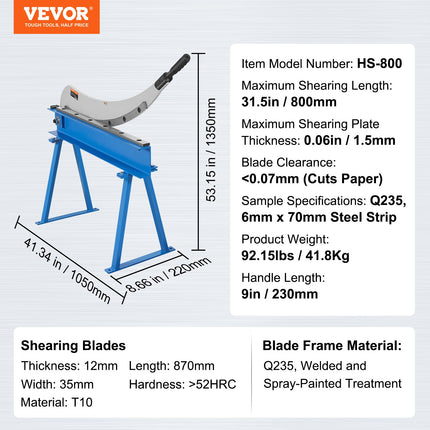 VEVOR 800mm Manual Hand Plate Shear for Metal Sheet Processing, Benchtop Cutter with Q235 Material, for Crafts Thick Steel Crafting, Heavy Duty Roll Press Machine for Builders, DIY Enthusiasts