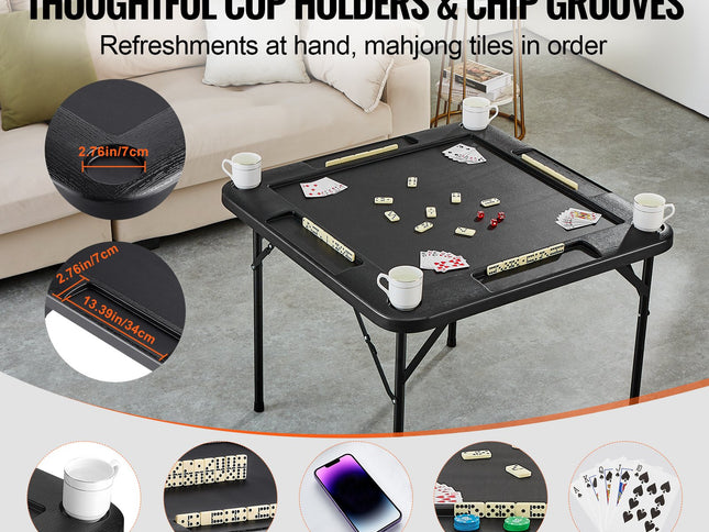 VEVOR Mahjong Table, Square 4 Player Folding Card Table with 4 Cup Holders & 4 Chip Trays, Portable Domino Game Table with 1 Set of Dominoes for Mahjong Poke Puzzles, 90 x 90-inch, Black