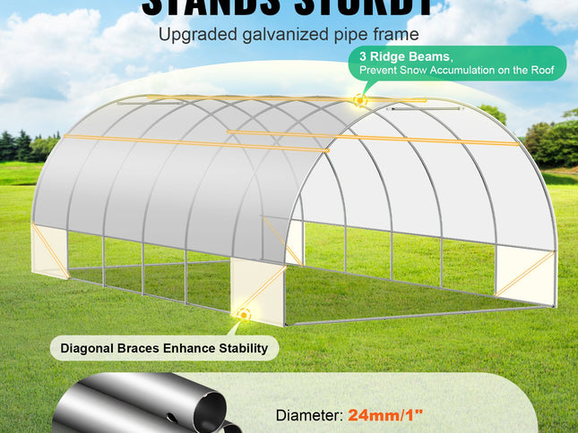 VEVOR Walk-in Tunnel Greenhouse, 19.4x9.7x6.5 ft Hoop House Greenhouse Tunnel, Plant Hot House with Galvanized Steel Frame, White PE Cover, Roll-up Zipper Door and 12 Windows for Outdoor