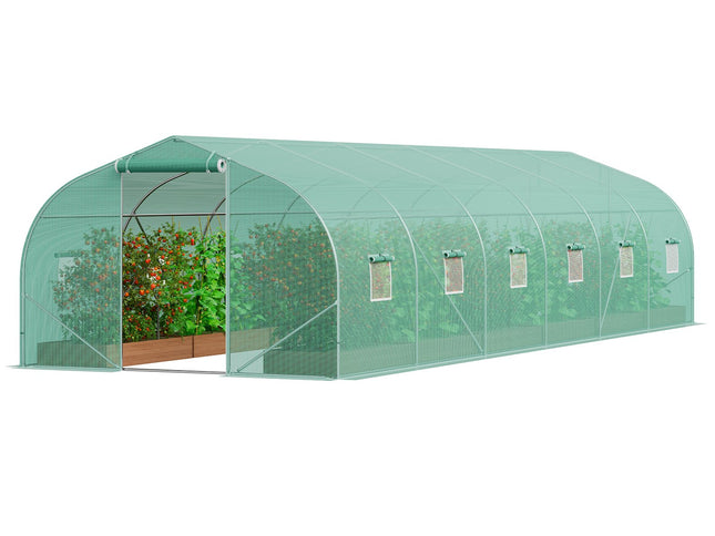 VEVOR Walk-in Tunnel Greenhouse, 29.5x9.8x6.6 ft Hoop House Greenhouse Tunnel, Peaked Roof Plant Hot House with Galvanized Steel Frame, Green PE Cover, Roll-up Zipper Door and 12 Windows for Outdoor