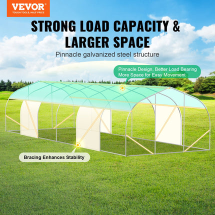 VEVOR Walk-in Tunnel Greenhouse, 29.5x9.8x6.6 ft Hoop House Greenhouse Tunnel, Peaked Roof Plant Hot House with Galvanized Steel Frame, Green PE Cover, Roll-up Zipper Door and 12 Windows for Outdoor