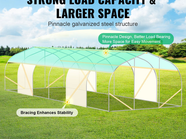 VEVOR Walk-in Tunnel Greenhouse, 29.5x9.8x6.6 ft Hoop House Greenhouse Tunnel, Peaked Roof Plant Hot House with Galvanized Steel Frame, Green PE Cover, Roll-up Zipper Door and 12 Windows for Outdoor