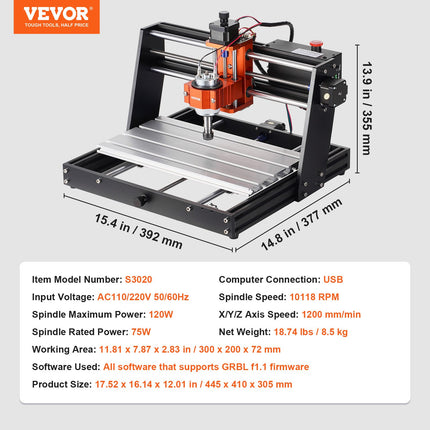 CNC Router Machine, 120W, 3 Axis GRBL Control Wood Engraving Carving Milling Machine Kit, 11.81¬†x 7.87¬†x 2.83 in / 300¬†x 200¬†x 72¬†mm Working Area 1200 RPM for Wood Acrylic MDF PVC Plastic Foam