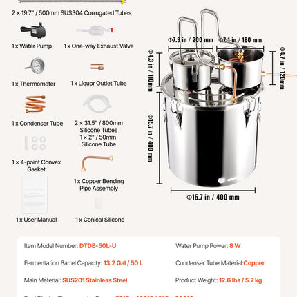 Moonshine Still Water Alcohol Distiller 13.2Gal w/Thumper Keg & Water Pump