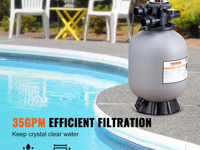 Sand Filter, 16-inch, 406.4mm, Up to 35 GPM Flow Rate, Above Inground Swimming Pool Sand Filter System with 7-Way Multi-Port Valve, Filter, Backwash, Rinse, Recirculate, Waste, Winter, Closed Functions