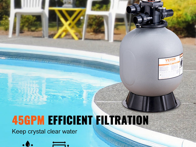 Sand Filter, 19-inch, 482.6mm, Up to 45 GPM Flow Rate, Above Inground Swimming Pool Sand Filter System with 7-Way Multi-Port Valve, Filter, Backwash, Rinse, Recirculate, Waste, Winter, Closed Functions