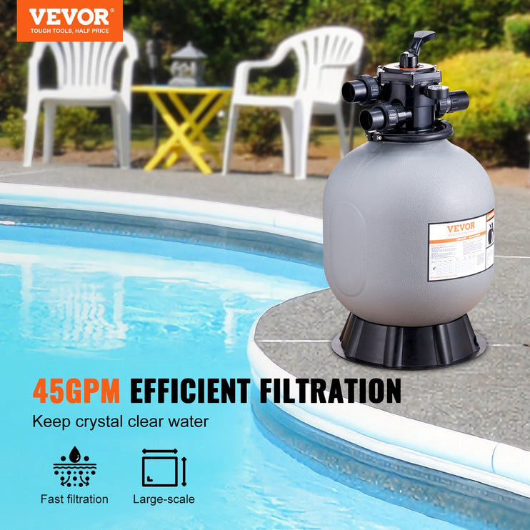 Sand Filter, 19-inch, 482.6mm, Up to 45 GPM Flow Rate, Above Inground Swimming Pool Sand Filter System with 7-Way Multi-Port Valve, Filter, Backwash, Rinse, Recirculate, Waste, Winter, Closed Functions
