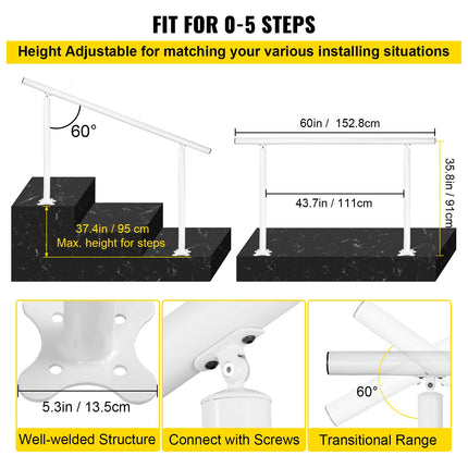 Outdoor Stair Railing Kit, 5 FT Handrails 0-5 Steps, Adjustable Angle White Aluminum Stair Hand Rail for The Elderly, Handrails for Outdoor Steps