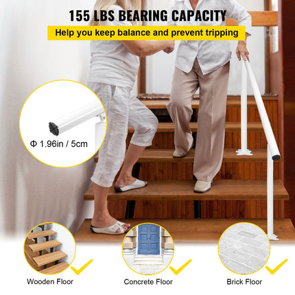 Outdoor Stair Railing Kit, 5 FT Handrails 0-5 Steps, Adjustable Angle White Aluminum Stair Hand Rail for The Elderly, Handrails for Outdoor Steps