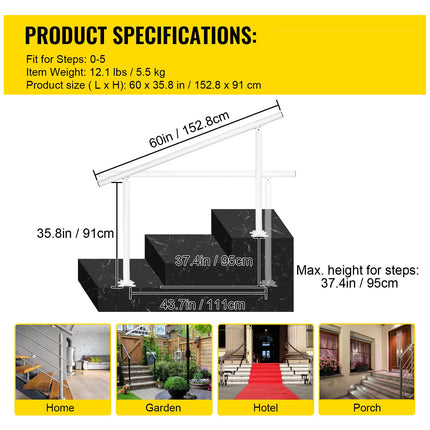 Outdoor Stair Railing Kit, 5 FT Handrails 0-5 Steps, Adjustable Angle White Aluminum Stair Hand Rail for The Elderly, Handrails for Outdoor Steps