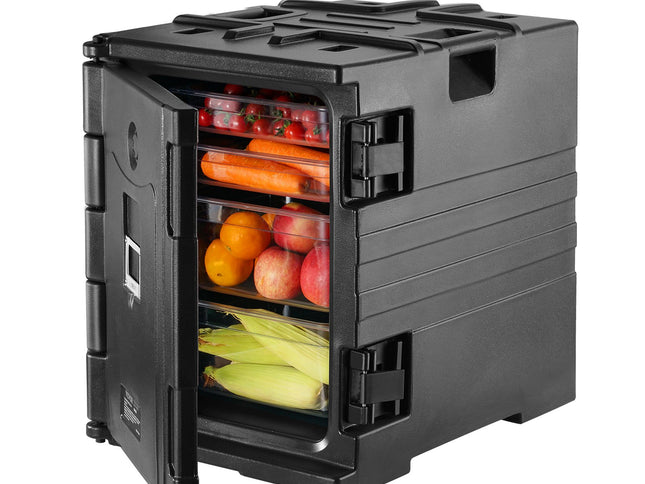 VEVOR Insulated Food Pan Carrier, 82 Qt Hot Box for Catering, LLDPE Food Box Carrier w/ Double Buckles, Front Loading Food Warmer w/ Handles, Stackable End Loader for Restaurant, Canteen, etc. Black