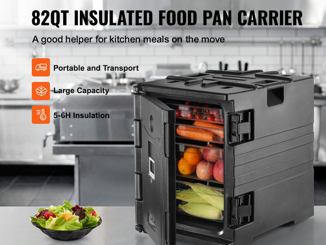 VEVOR Insulated Food Pan Carrier, 82 Qt Hot Box for Catering, LLDPE Food Box Carrier w/ Double Buckles, Front Loading Food Warmer w/ Handles, Stackable End Loader for Restaurant, Canteen, etc. Black
