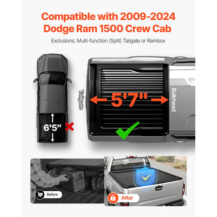 Retractable Tonneau Cover, 5.7 ft Hard Retractable Tonneau Cover with Built-in Drainage Pipe for 2009-2024 Dodge Ram 1500 Crew Cab, Customized Hard Tonneau Cover with Double-Lock & T-Slot