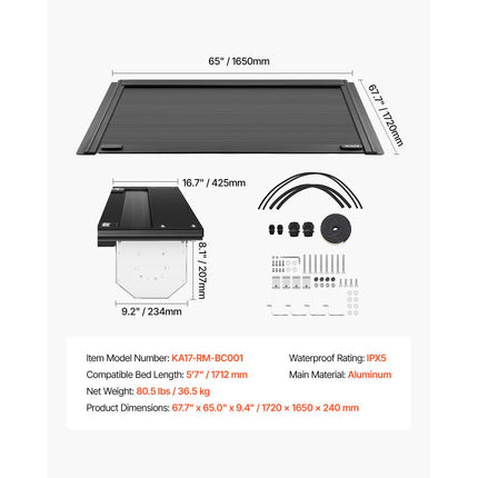 Retractable Tonneau Cover, 5.7 ft Hard Retractable Tonneau Cover with Built-in Drainage Pipe for 2009-2024 Dodge Ram 1500 Crew Cab, Customized Hard Tonneau Cover with Double-Lock & T-Slot