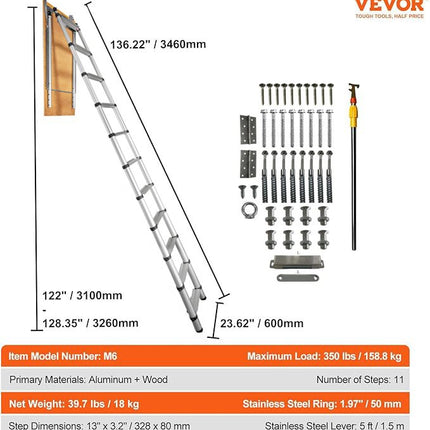 VEVOR Attic Ladder Telescoping, 158.76kg Capacity, 100cm x 59.94cm,Multi-Purpose Aluminium Extension, Lightweight and Portable,Fits298.7cm-320.04cmCeilingHeights,Convenient Access to Your Attic Standa