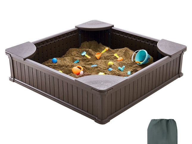 Square HDPE Sandbox with Cover, 4 Corner Seats & Liner ‚Äì 48.6 x 48.6 x 12.4in, Brown, Ages 3‚Äì12