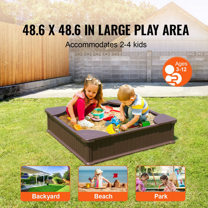 Sandbox with Cover, 48.6x48.6x12.4 in Square Sand Box, HDPE Sand Pit with 4 Corner Seating and Bottom Liner, Kids Sandbox for Outdoor Backyard, Beach, Park, Gift for Boys Girls Ages 3-12, Brown