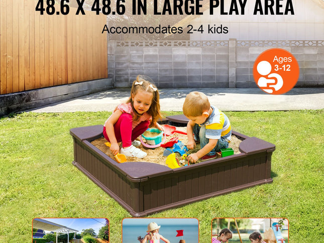 Square HDPE Sandbox with Cover, 4 Corner Seats & Liner ‚Äì 48.6 x 48.6 x 12.4in, Brown, Ages 3‚Äì12