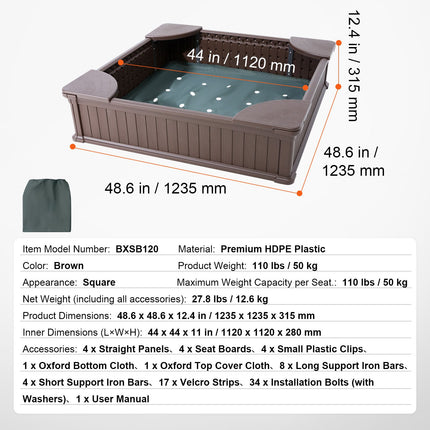 Sandbox with Cover, 48.6x48.6x12.4 in Square Sand Box, HDPE Sand Pit with 4 Corner Seating and Bottom Liner, Kids Sandbox for Outdoor Backyard, Beach, Park, Gift for Boys Girls Ages 3-12, Brown
