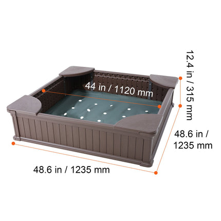 Sandbox with Cover, 48.6x48.6x12.4 in Square Sand Box, HDPE Sand Pit with 4 Corner Seating and Bottom Liner, Kids Sandbox for Outdoor Backyard, Beach, Park, Gift for Boys Girls Ages 3-12, Brown