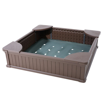 Sandbox with Cover, 48.6x48.6x12.4 in Square Sand Box, HDPE Sand Pit with 4 Corner Seating and Bottom Liner, Kids Sandbox for Outdoor Backyard, Beach, Park, Gift for Boys Girls Ages 3-12, Brown