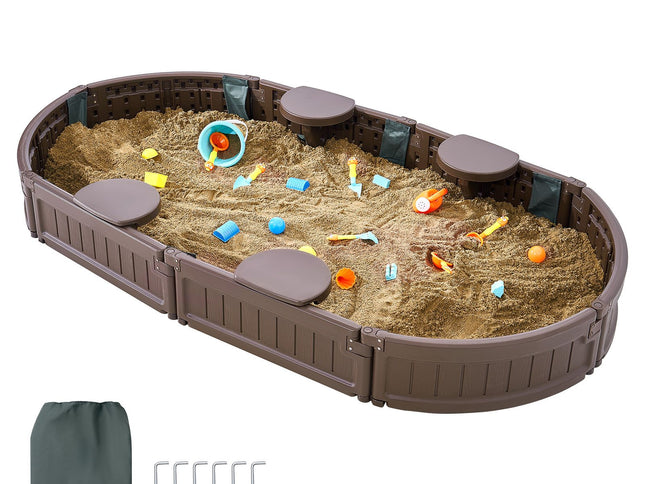 Oval HDPE Sandbox with Cover, 4 Corner Seats & Liner ‚Äì 72 x 41.5 x 9.1in, Brown, Ages 3‚Äì12