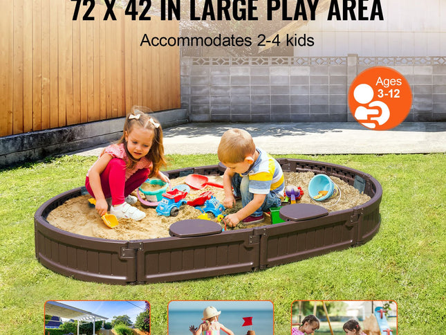 Oval HDPE Sandbox with Cover, 4 Corner Seats & Liner ‚Äì 72 x 41.5 x 9.1in, Brown, Ages 3‚Äì12