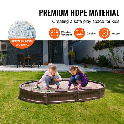 Sandbox with Cover, 72 x 41.5 x 9.1 in Oval Sand Box, HDPE Sand Pit with 4 Corner Seating and Bottom Liner, Kids Sandbox for Outdoor Backyard, Beach, Park, Gift for Boys Girls Ages 3-12, Brown